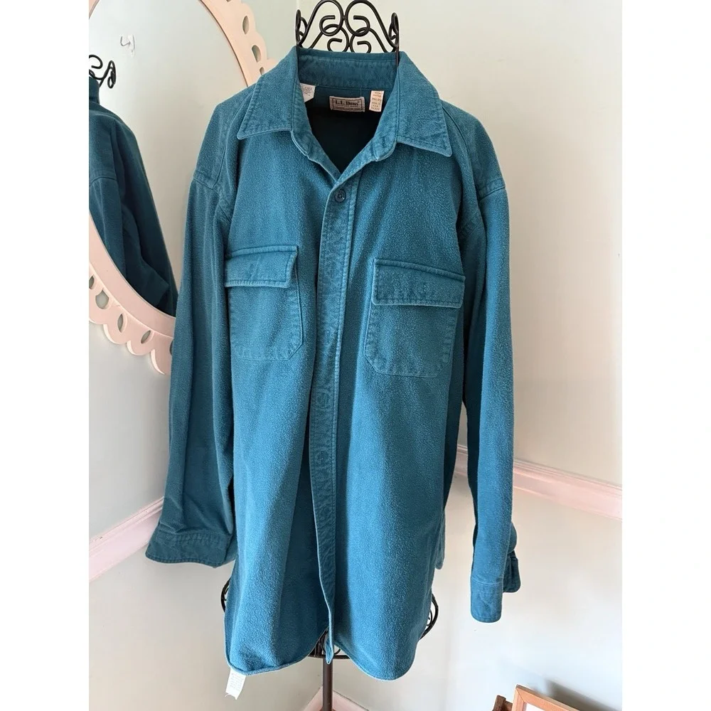 Vtg LL‎ Bean Shirt Men Tall 17 1/2 Dark Teal Green Chamois Cloth USA 80s Western